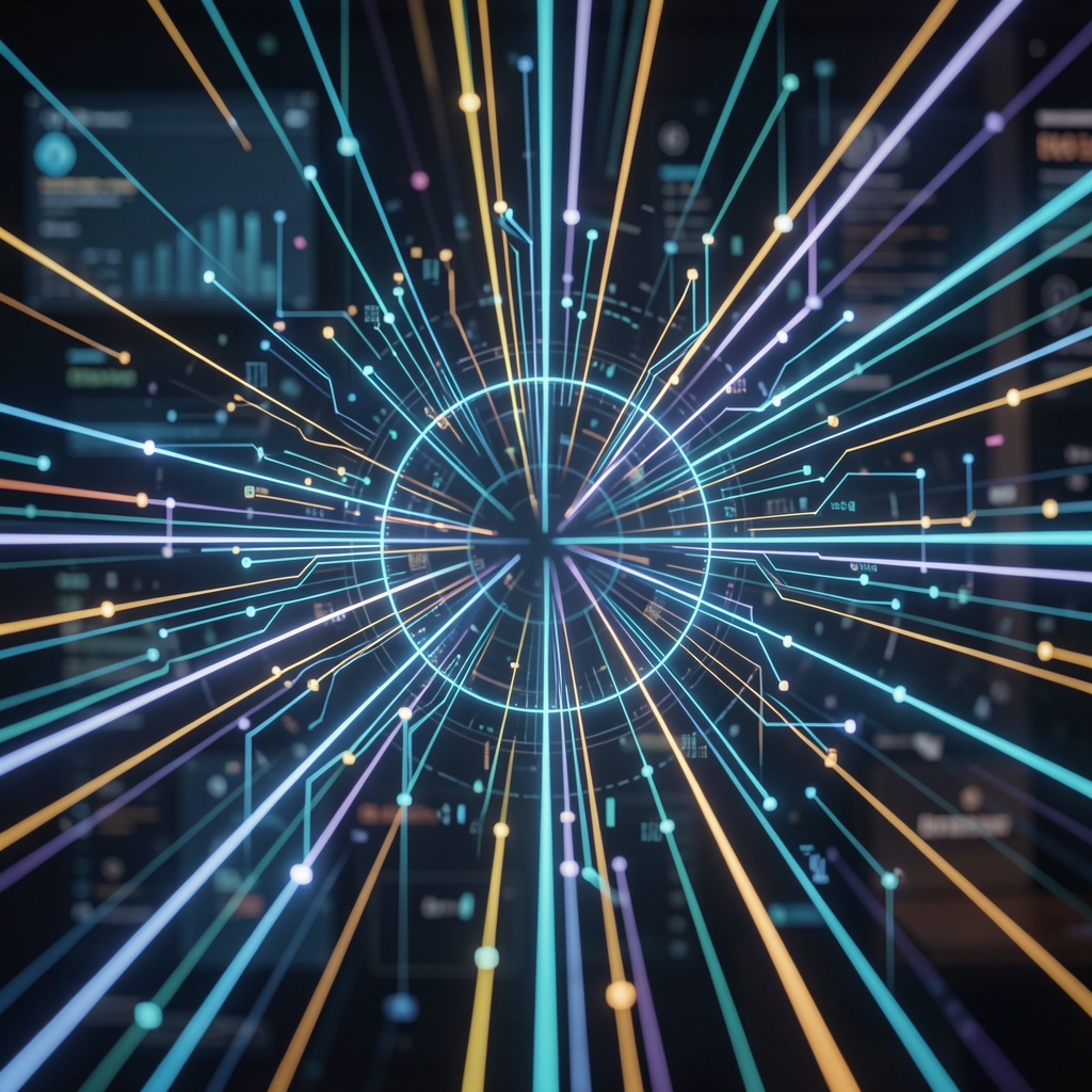 Abstraktní vizualizace trendů umělé inteligence v roce 2025, světelné linie a datové body