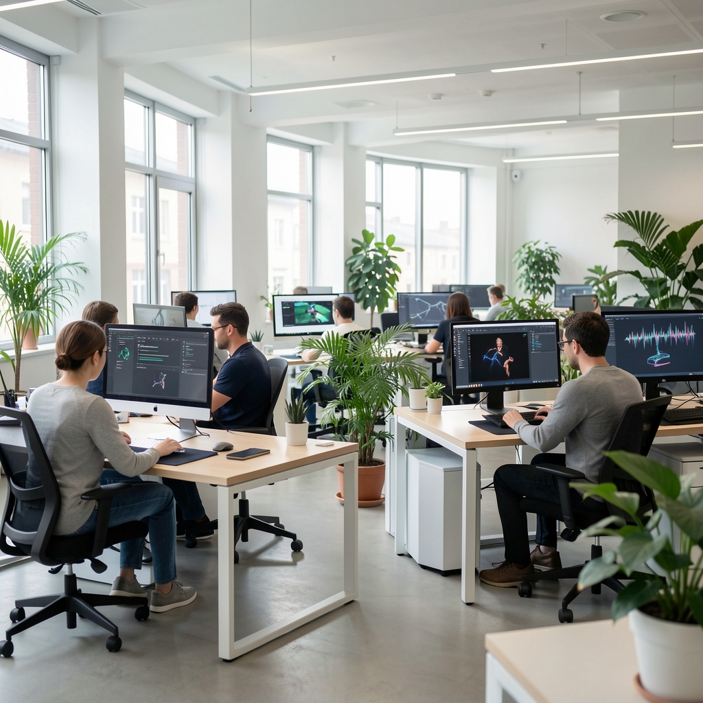 Open-space kancelář kde zaměstnanci pracují na počítačích s AI nástroji, světlé moderní prostředí s rostlinami