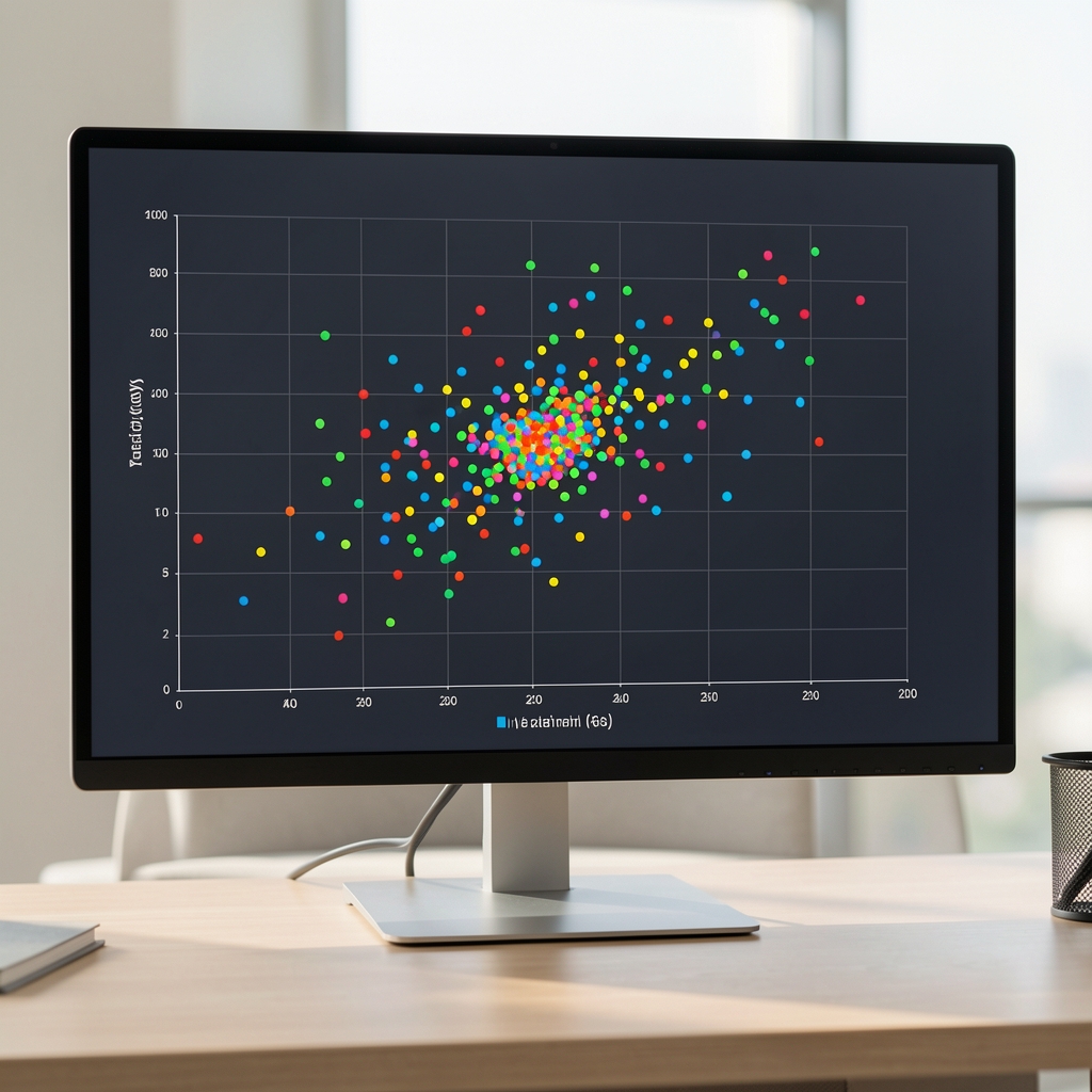 Scatter plot graf na monitoru zobrazující klastrování dat při strojovém učení, barevné skupiny bodů na tmavém grafu