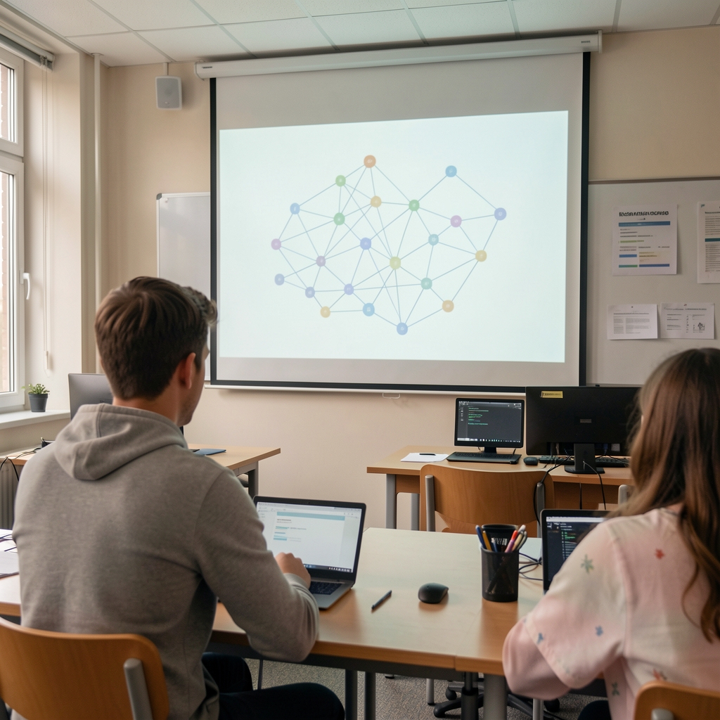 Projekce diagramu neuronové sítě v přednáškové místnosti, student poslouchající výuku základů AI