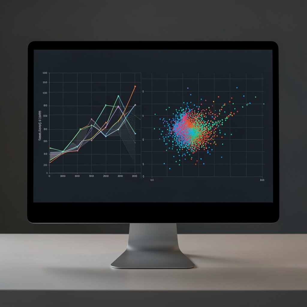 Vizualizace dat strojového učení s grafy a scatter plot na monitoru výzkumného počítače