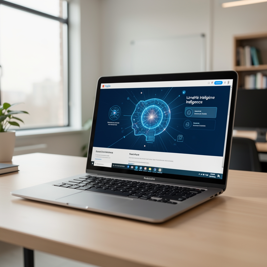 Moderní online vzdělávací platforma s přenosným počítačem a interaktivním kurzem umělé inteligence na obrazovce